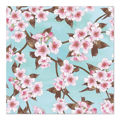 La PAPSTAR GmbH 20 tovaglioli, 33 cm x 33 cm, 3-strati (design set 5), mostrano fiori di ciliegio rosa con rami e foglie marroni su sfondo azzurro, stampati a pieno formato sul tovagliolo.