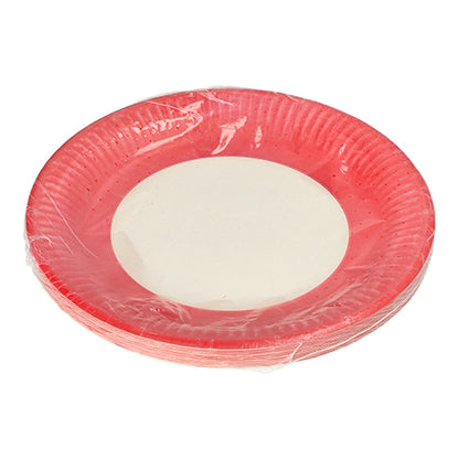 Il PAPSTAR 20 piatti, cartone rotondo Ø 23 cm della PAPSTAR GmbH ha un bordo rosso e un centro bianco, viene fornito in un imballaggio di plastica trasparente ed è ideale per eventi – qui raffigurato su sfondo bianco.