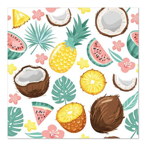Un motivo senza soluzione di continuità di ananas, noci di cocco, fette di anguria, foglie e fiori tropicali su bianco - ideale per PAPSTAR 20 tovaglioli, 33 cm x 33 cm 3-strati 1/4 piegato design set 5 di PAPSTAR GmbH.