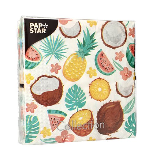 PAPSTAR GmbH 20 tovaglioli, 33x33 cm, 3-strati, design set 5: motivi tropicali colorati con ananas, noci di cocco, anguria, fiori e foglie verdi su sfondo bianco.