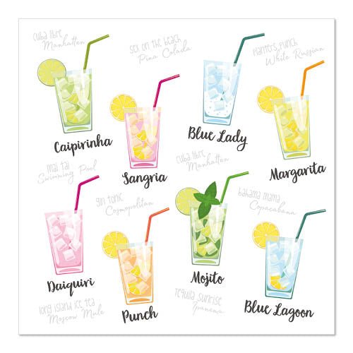 Illustrazione di nove cocktail etichettati in bicchieri con guarnizioni e cannucce, impostati contro PAPSTAR GmbH 20 tovaglioli, 33 cm x 33 cm, 3-strati 1/4 piegato design set 5 - perfetti per eleganti feste cocktail.