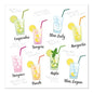 Illustrazione di nove cocktail etichettati in bicchieri con guarnizioni e cannucce, impostati contro PAPSTAR GmbH 20 tovaglioli, 33 cm x 33 cm, 3-strati 1/4 piegato design set 5 - perfetti per eleganti feste cocktail.
