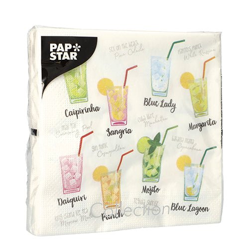 Il set di design 5 di 20 tovaglioli (33x33 cm, 3 veli, 1/4 piega) della PAPSTAR GmbH presenta illustrazioni colorate di cocktail etichettate con nomi come Caipirinha, Mojito, Margarita e altro.