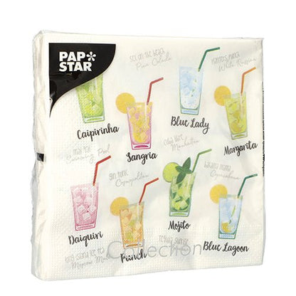 Il set di design 5 di 20 tovaglioli (33x33 cm, 3 veli, 1/4 piega) della PAPSTAR GmbH presenta illustrazioni colorate di cocktail etichettate con nomi come Caipirinha, Mojito, Margarita e altro.