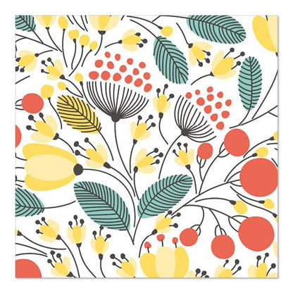 I 20 tovaglioli PAPSTAR, 33 cm x 33 cm, 3 strati di PAPSTAR GmbH presentano fiori stilizzati e foglie in giallo, rosso, petrolio e nero su bianco - perfetti per un tavolo vivace.