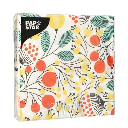 PAPSTAR GmbH 20 tovaglioli, 33x33 cm, 3 strati, 1/4-piega, Design Set 1: motivo botanico di bacche e foglie con logo "PAPSTAR" su etichetta nera nell'angolo in alto a sinistra.
