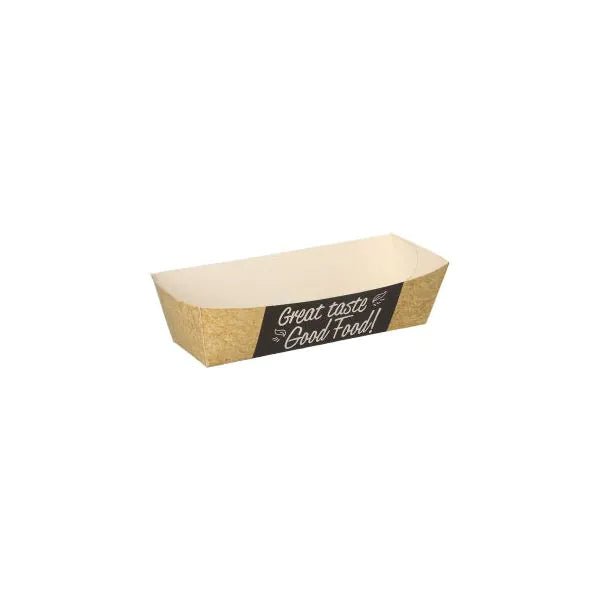 Un vassoio rettangolare, ecologico PAPSTAR 50 snack in cartone marrone con etichetta laterale nera "Great taste Good Food!" in caratteri bianchi della PAPSTAR GmbH è raffigurato vuoto su sfondo bianco.