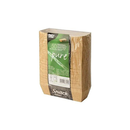 Una confezione sigillata di 50 vassoi snack "puri" Good Food della PAPSTAR GmbH in cartone marrone ecologico - una soluzione di servizio sostenibile con informazioni sul prodotto sull'etichetta frontale.