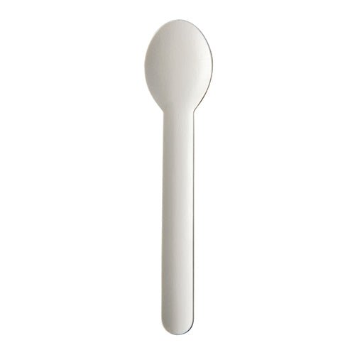 Su uno sfondo bianco si vede un cucchiaio bianco ecologico PAPSTAR di carta "pure" (15,5 cm, 20 pezzi) di PAPSTAR GmbH.