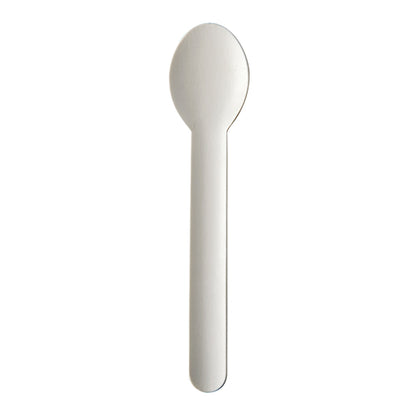 Su uno sfondo bianco si vede un cucchiaio bianco ecologico PAPSTAR di carta "pure" (15,5 cm, 20 pezzi) di PAPSTAR GmbH.