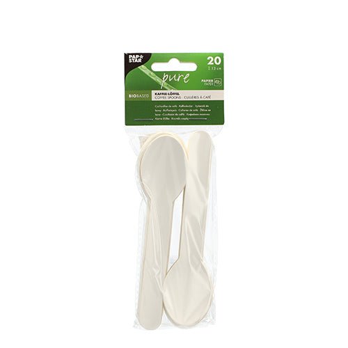 Un sacchetto di plastica trasparente contenente 20 pezzi bianchi PAPSTAR Cucchiaini da caffè "pure" (13 cm), ecologici prodotti da PAPSTAR GmbH - ideale per incontri all’insegna del rispetto per l’ambiente, con informazioni sui prodotti riportate su un’intestazione verde e bianca.