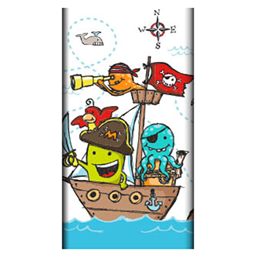 Cartoon nave dei pirati con allegri abitanti del mare, tra cui una figura gialla, un uccello rosso e un polpo blu. Con balena e bussola - ideale come PAPSTAR tovaglia, carta (120 x 180 cm) della PAPSTAR GmbH per una decorazione da tavola elegante.