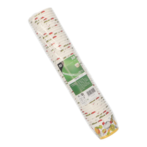 Una pila di 50 PAPSTAR coppe gelato di cartone rotondo della PAPSTAR GmbH confezionata in pellicola. Motivi colorati di frutta e verdura sul bordo inferiore li rendono perfetti per dessert come coppe gelato.