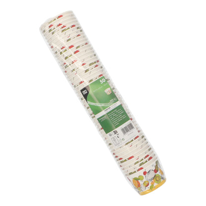Una pila di 50 PAPSTAR coppe gelato di cartone rotondo della PAPSTAR GmbH confezionata in pellicola. Motivi colorati di frutta e verdura sul bordo inferiore li rendono perfetti per dessert come coppe gelato.