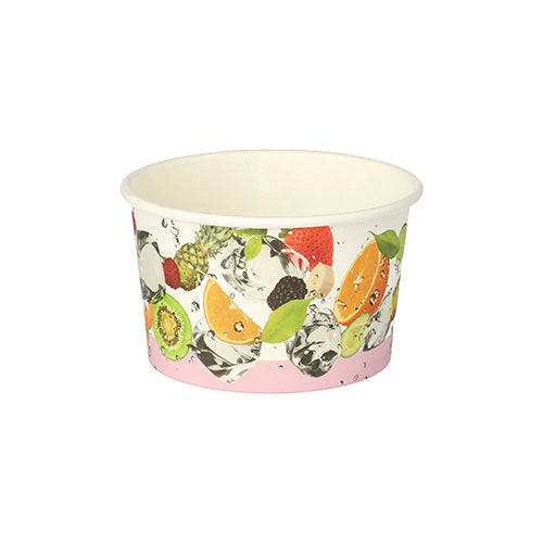 Il PAPSTAR 50 coppe gelato, cartone rotondo, della PAPSTAR GmbH presenta un design di carta bianco con motivi di frutta vivaci – arancia, kiwi, fragola e schizzi d'acqua – perfetti per servire gelato, rappresentati su uno sfondo bianco semplice.