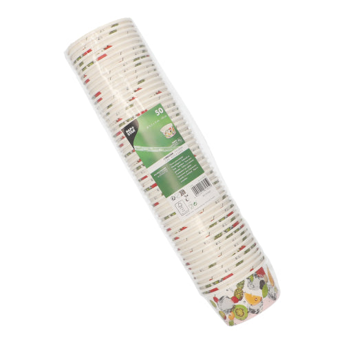 Le 50 coppe gelato "cartone rotondo" della PAPSTAR GmbH vengono consegnate in un imballaggio di plastica con etichetta verde e mostrano motivi di verdure illustrati – perfette ciotole di cartone usa e getta per dessert o come coppe gelato alla vostra prossima riunione.