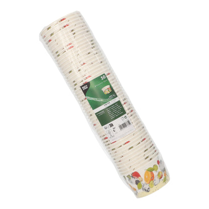 La confezione sigillata PAPSTAR 50 coppe gelato, cartone rotondo della PAPSTAR GmbH con motivo di frutta e verdura è ideale per servire gelato. L'etichetta verde del prodotto è ben visibile sulla confezione.
