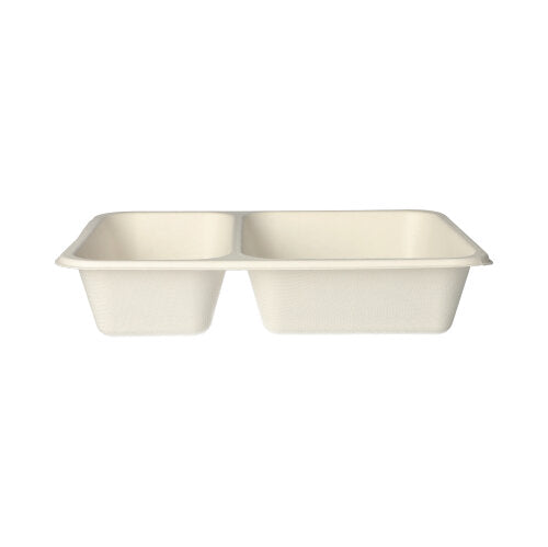 Die PAPSTAR 125 Siegelschalen, Zuckerrohr 2-geteilt von PAPSTAR GmbH sind beige, rechteckige Food-Trays aus biologisch abbaubarem Zuckerrohr – ideal als umweltfreundliche Einweggeschirr-Option.