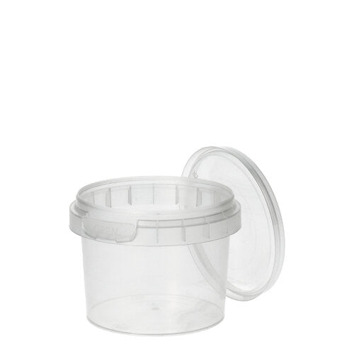 Un contenitore trasparente, rotondo Starpak 48 per alimenti in PP (120 ml, Ø 6,9 cm × 5,1 cm) con coperchio applicato e chiusura di sicurezza è raffigurato aperto su uno sfondo bianco semplice.