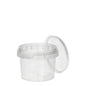 Un contenitore trasparente, rotondo Starpak 48 per alimenti in PP (120 ml, Ø 6,9 cm × 5,1 cm) con coperchio applicato e chiusura di sicurezza è raffigurato aperto su uno sfondo bianco semplice.