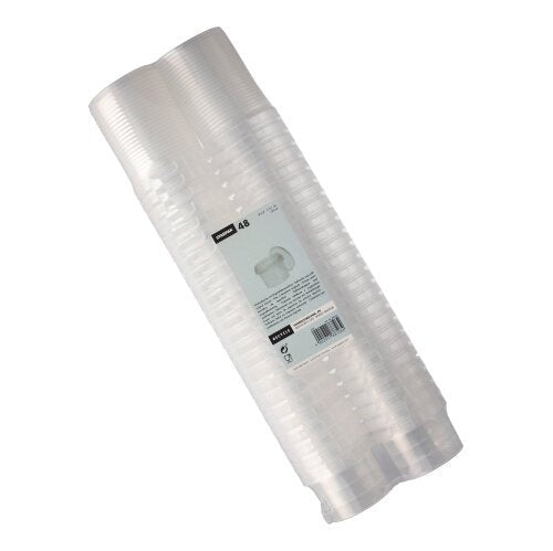 Una confezione di 48 contenitori per alimenti Starpak trasparenti e rotondi (120 ml, 6,9 cm × 5,1 cm) con chiusura di sicurezza, impilati e avvolti in pellicola termoretraibile, con un'etichetta centrale con il marchio Starpak e dettagli del prodotto.