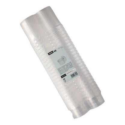 Una confezione di 48 contenitori per alimenti Starpak trasparenti e rotondi (120 ml, 6,9 cm × 5,1 cm) con chiusura di sicurezza, impilati e avvolti in pellicola termoretraibile, con un'etichetta centrale con il marchio Starpak e dettagli del prodotto.
