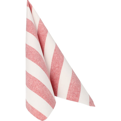 Eine Serviette der PAPSTAR GmbH "ROYAL Collection" (40 x 40 cm, bordeaux, 1/4-Faltung) aus einer 50er-Packung ist zu einem stehenden Dreieck vor weißem Hintergrund gefaltet.