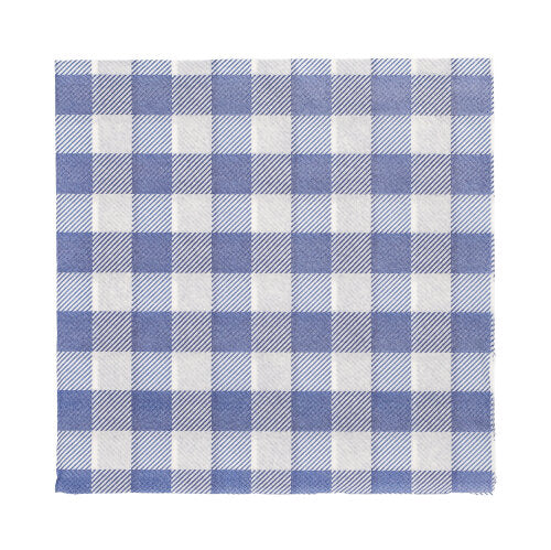 Die 100 Servietten der PAPSTAR GmbH, 1-lagig 1/4-Falz, 33 x 33 cm, zeigen ein blau-weißes Gingham-Muster mit wechselnden Quadraten. FSC-zertifiziert für eine umweltfreundliche Wahl - perfekt für stilvolle und umweltbewusste Einrichtungen.