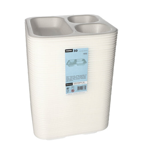 Una pila di Starpak 50 vassoi sigillanti – vassoi XPS laminati bianchi con tre scomparti (4,2 × 24,5 × 26,5 cm), avvolti in pellicola di plastica trasparente e dotati di un'etichetta blu – ideali per la ristorazione e l'imballaggio alimentare.