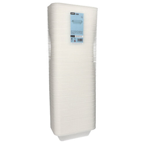 È raffigurata una pila alta di ciotole sigillanti Starpak 100, XPS bianco laminato, in pellicola di plastica con etichetta frontale blu con informazioni sul prodotto - ideale per l'uso nella gastronomia.