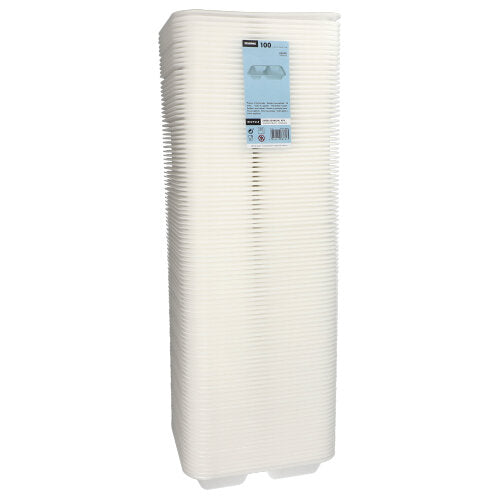Una pila di 100 vaschette XPS a 2 scomparti bianche laminate di Starpak, chiamate “Starpak 100 Siegelschalen”, viene consegnata avvolta in pellicola di plastica e con un'etichetta blu - perfetta come confezione alimentare.