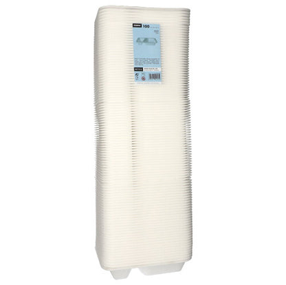Una pila di 100 vaschette alimentari Starpak in XPS bianco laminato con due scomparti, bordi rialzati, forma rettangolare e un'etichetta blu sulla parte superiore. Marca: Starpak.