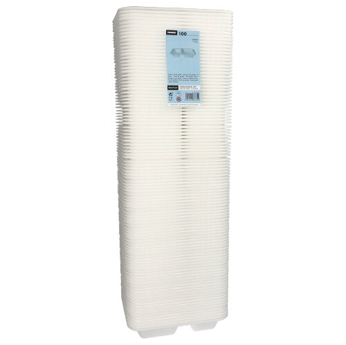 È raffigurata una pila alta di contenitori alimentari in plastica bianchi, rettangolari, di Starpak con la scritta “Starpak 100 Siegelschalen, XPS 2-geteilt weiß laminiert”.