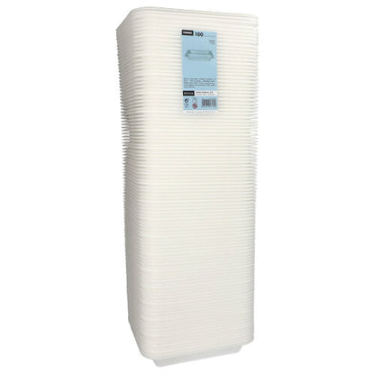 Una pila verticale di vaschette sigillanti Starpak 100 XPS a 2 scomparti bianca laminata, realizzata in schiuma leggera, con un'etichetta del prodotto sulla vaschetta superiore.