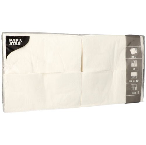 Una confezione con 250 PAPSTAR GmbH tovaglioli 1/8 pieghe, bianco, 2 veli, 40x40 cm, in pellicola trasparente con informazioni sul prodotto e pittogrammi applicati lateralmente.