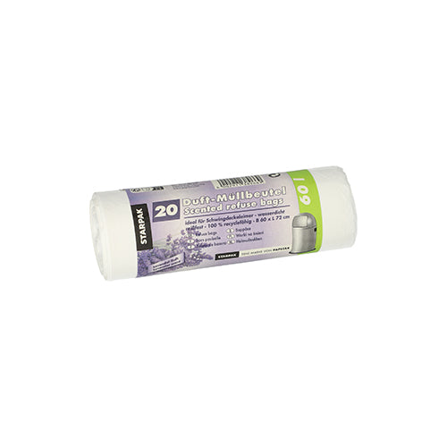 Un rotolo con 20 sacchetti della spazzatura Starpak LDPE (60 l, 72 x 60 cm) con profumo di lavanda, confezionato in una copertura bianca con una fascetta viola-verde con dettagli del prodotto e marchio Starpak.
