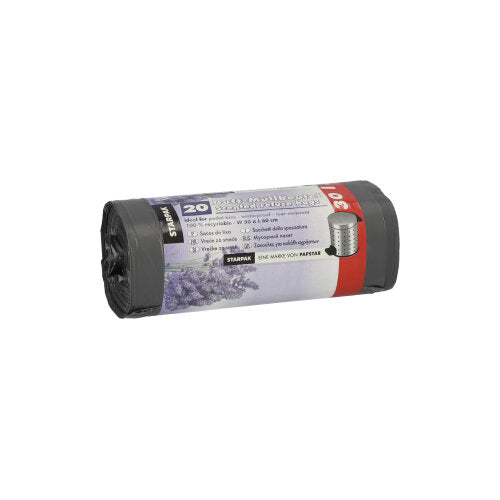 Un rotolo di sacchetti per rifiuti Starpak 20 in LDPE, grigio con profumo di lavanda (30 l, 60x50 cm), contiene 20 sacchetti profumati per confezione. L'etichetta mostra i dettagli del prodotto e un'immagine di lavanda.