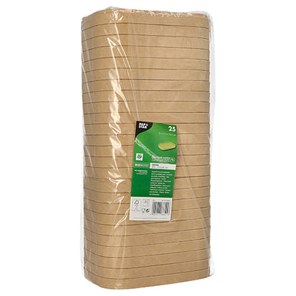 Una pila di coperchi marroni PAPSTAR per bicchieri da imballaggio, rettangolari (2x17,3x12,3 cm, 25 pezzi), confezionata in pellicola trasparente, con un'etichetta verde-bianca della PAPSTAR GmbH con informazioni sul prodotto sul davanti.