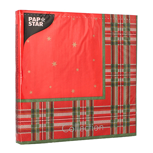 Eine Packung mit 20 PAPSTAR-Servietten, 40 cm x 40 cm, 3-lagig, von der PAPSTAR GmbH, mit rot-grün kariertem Rand, durchgehend roter Mitte mit goldenen Sternen und einem „Pap Star Collection“-Etikett oben links auf der Verpackung.
