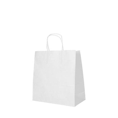 Le PAPSTAR 25 borse della PAPSTAR GmbH sono una semplice borsa della spesa bianca in carta con manico ritorto, che è in piedi su uno sfondo bianco. Il suo design minimalista lo rende ideale per acquisti ecologici.