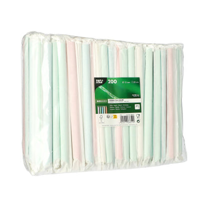 Una confezione di plastica trasparente contiene 200 cannucce di carta per Bubble Tea PAPSTAR (Ø12mm, 20cm), assortite in colori pastello. L'etichetta sulla parte anteriore mostra informazioni sul prodotto e simboli di riciclaggio, rendendo queste cannucce di carta della PAPSTAR GmbH una scelta sostenibile.