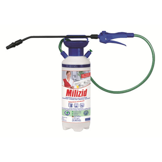 Un dispositivo spray MILIZID della DR.SCHNELL GmbH & Co. KGaA Dr. Schnell con ugello schiumogeno e ausili di dosaggio (1 pezzo), con tubo lungo verde, impugnatura blu e informazioni sul prodotto in tedesco sulla bottiglia.