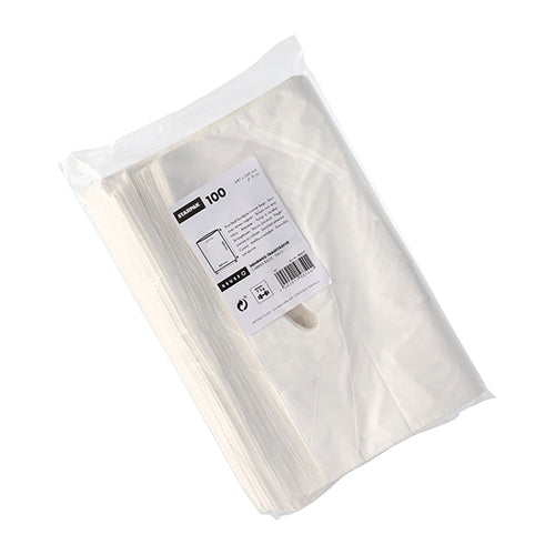 Un imballaggio di plastica trasparente con 100 borse Starpak 100 con foro per maniglia, HDPE bianco di Starpak, con informazioni sul prodotto, codice a barre e simboli di riciclaggio su sfondo bianco.