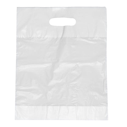 Le Starpak 100 borse con foro per maniglia, HDPE bianco di Starpak sono borse rettangolari trasparenti e resistenti con maniglia perforata, raffigurate vuote su uno sfondo bianco semplice.