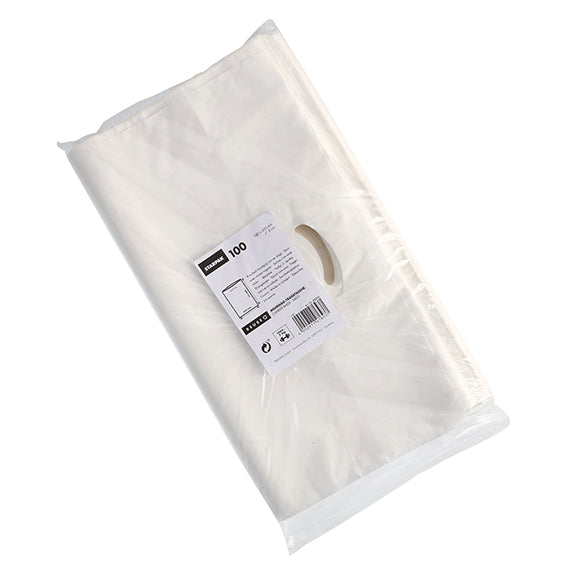 Una confezione di plastica trasparente contiene 100 borse con foro per maniglia bianche Starpak in HDPE. Le robuste borse, il foro per la maniglia e l'etichetta del prodotto con codice a barre sono visibili attraverso la confezione. Marca: Starpak.