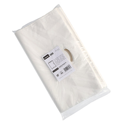 Una confezione di plastica trasparente contiene 100 borse con foro per maniglia bianche Starpak in HDPE. Le robuste borse, il foro per la maniglia e l'etichetta del prodotto con codice a barre sono visibili attraverso la confezione. Marca: Starpak.