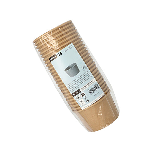 Una confezione di 25 bicchieri da zuppa Starpak in cartone marrone (230 ml, rotondo Ø 9,8 cm, altezza 6 cm) è confezionata in pellicola e porta un'etichetta bianco-blu con informazioni sul prodotto e un'immagine di un singolo bicchiere.