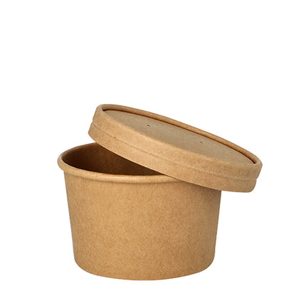 I bicchieri da zuppa Starpak 25 in cartone marrone, non sbiancato (230 ml, Ø 9,8 cm, 6 cm) con coperchio abbinato sono ecologici e sono presentati su sfondo bianco.