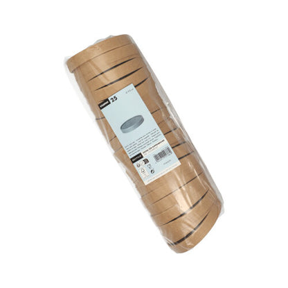 Una pila di 25 coperchi rotondi Starpak per bicchieri da zuppa in cartone, avvolti in pellicola di plastica e dotati di un'etichetta che indica quantità e uso, è presentata su uno sfondo bianco - ideale da abbinare alle ciotole da zuppa Starpak.