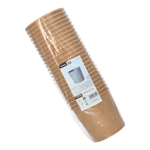 Un pacco di 25 bicchieri da zuppa marroni Starpak in cartone (Ø 11,5 cm), di Starpak, è confezionato in pellicola trasparente con etichetta bianca - ideale per gustare o portare via zuppe.